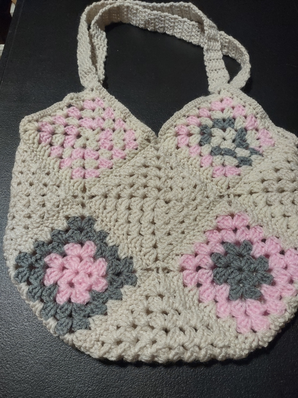 Handmade Crochet Women’s Tote Bag in Cream, Pink & Gray - Picture 3 of 8